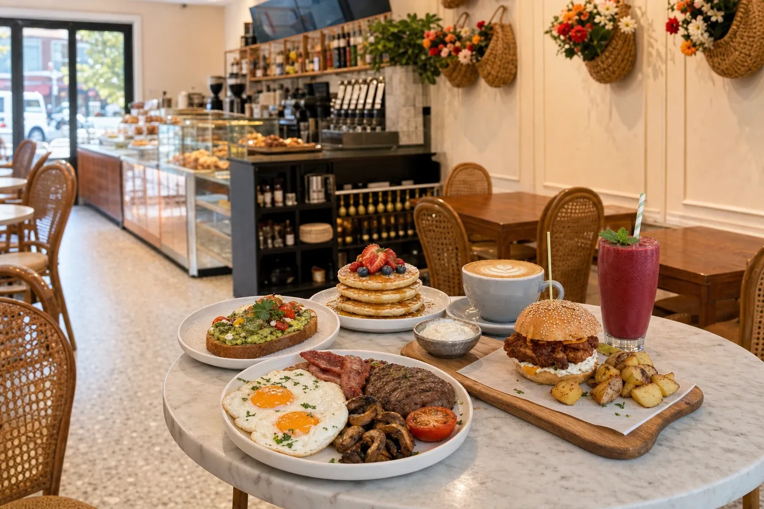 Tavolo brunch Casa Mädie con waffle, uova, avocado toast e smoothie