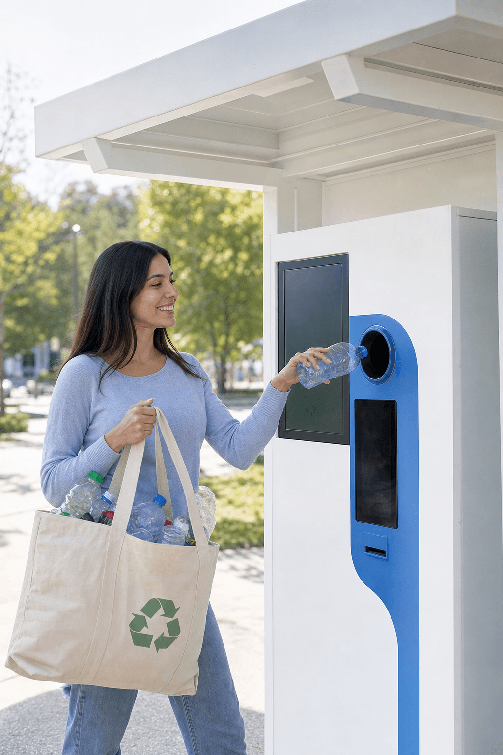 Persona accanto a un eco-compattatore Ecoreversa con una bottiglia in mano in una piazza