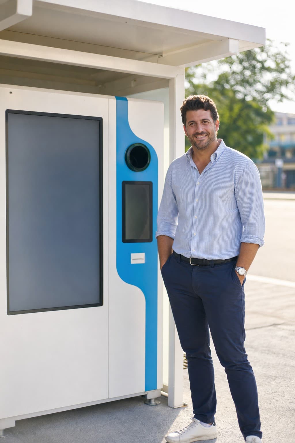 Affiliato Ecoreversa accanto al suo eco-compattatore