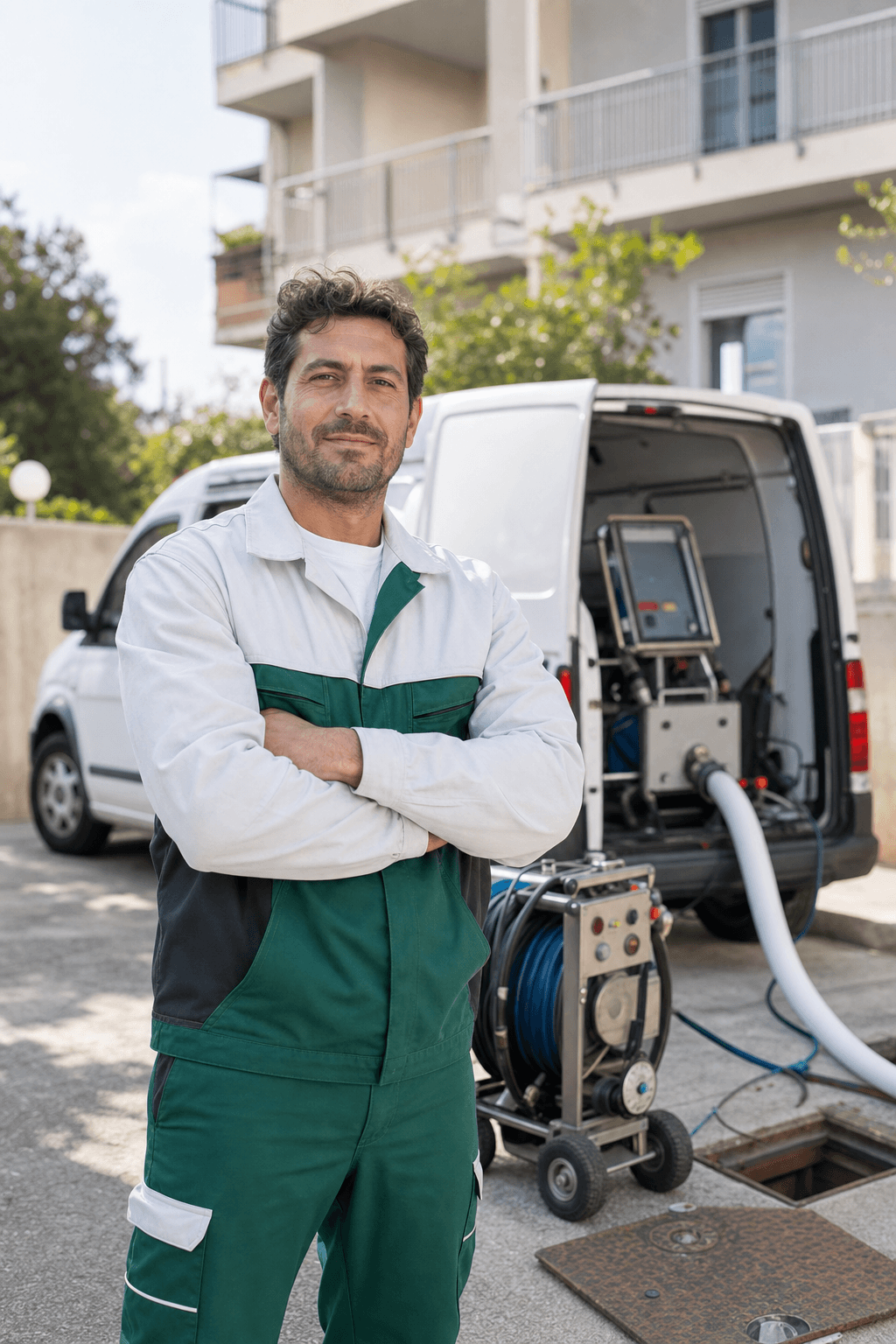 Titolare franchising IMEC in uniforme verde davanti al furgone attrezzato
