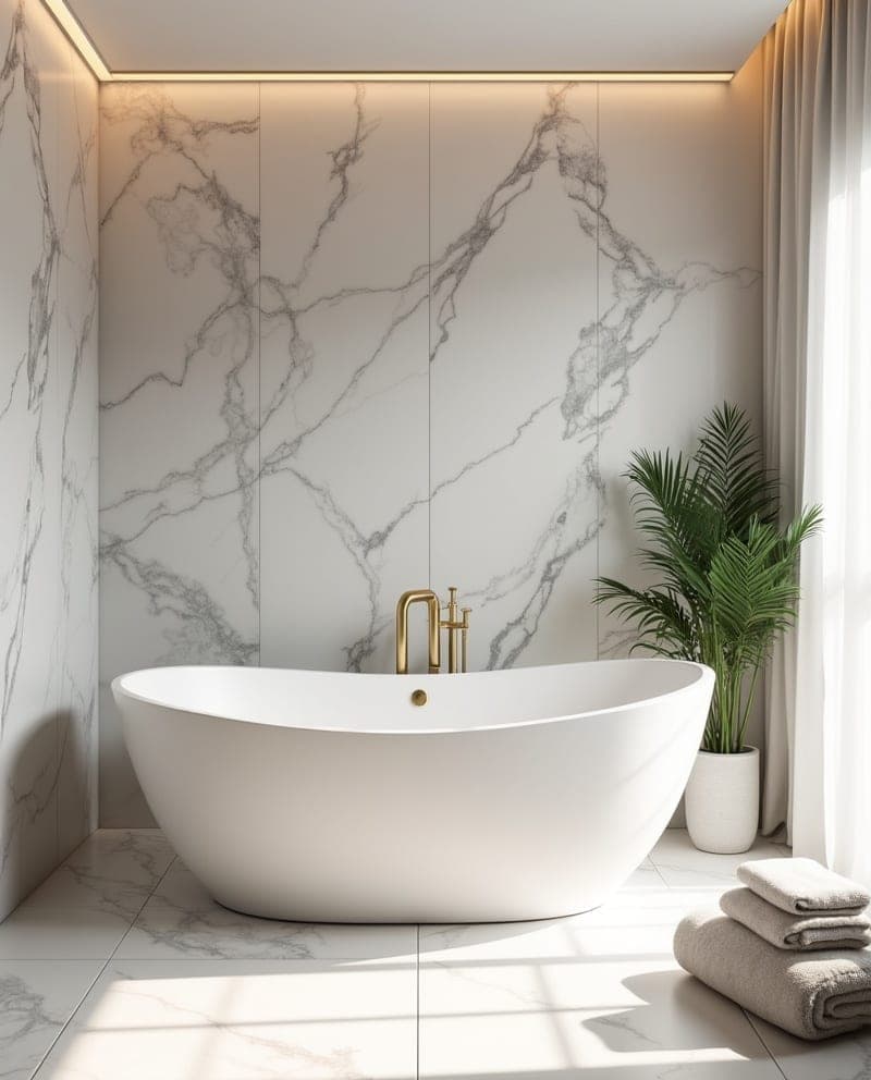 Salle de bain de luxe aménagée par Venidom — baignoire îlot et parois en marbre