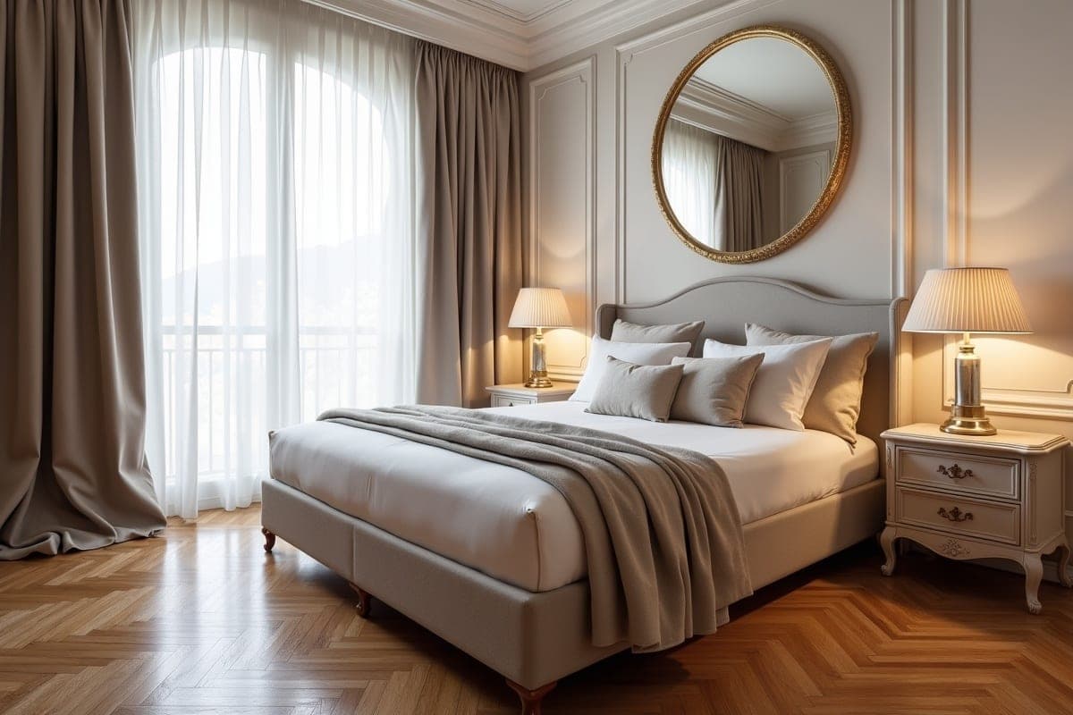 Chambre de style haussmannien — linge premium et miroir doré