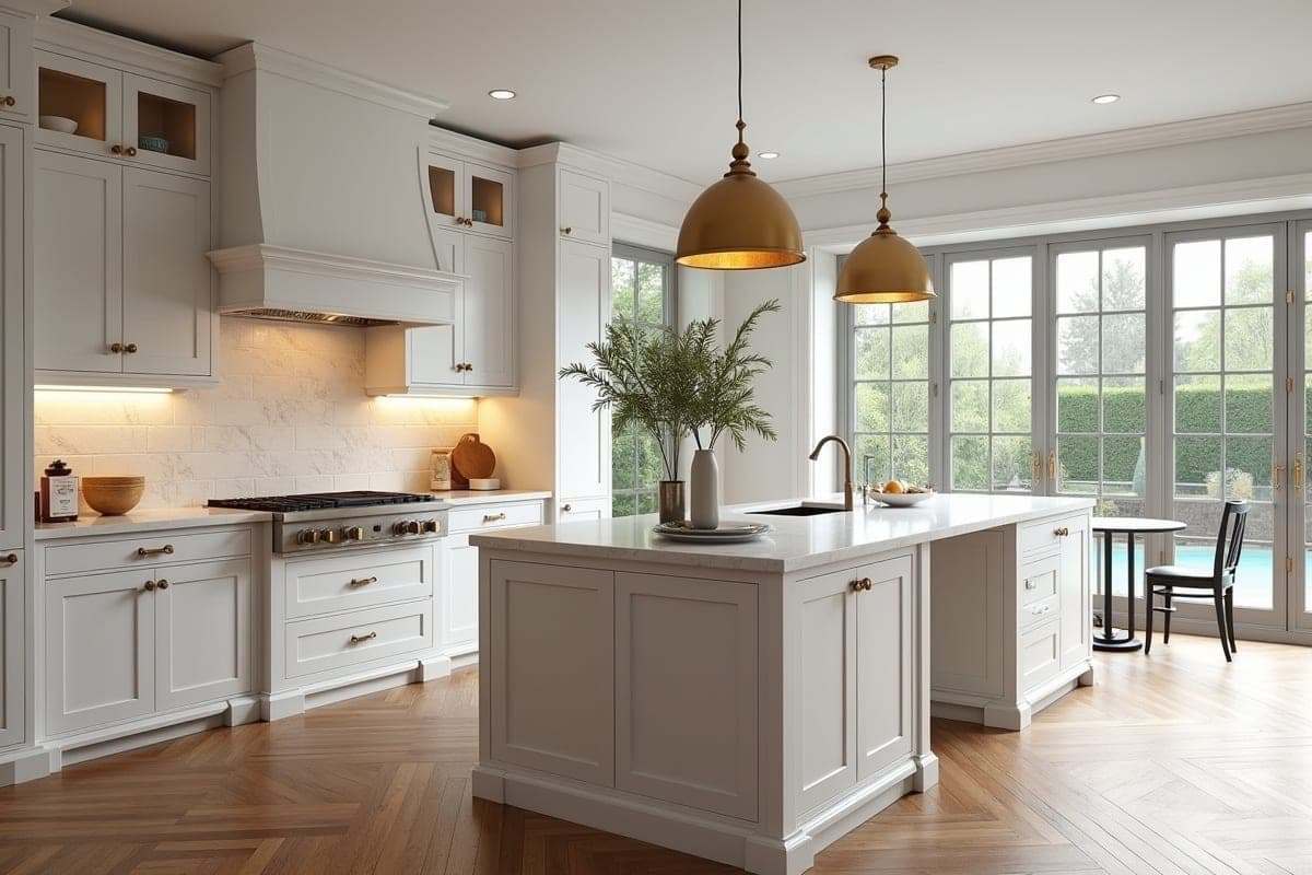 Cuisine blanche haut de gamme — îlot central, crédence marbre, suspensions dorées