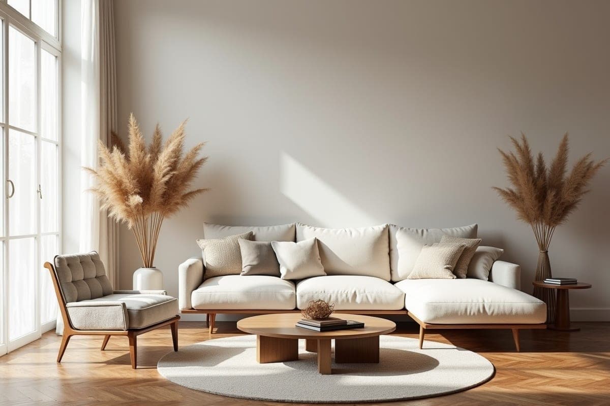 Salon contemporain Venidom — canapé crème, parquet en chevrons, lumière naturelle